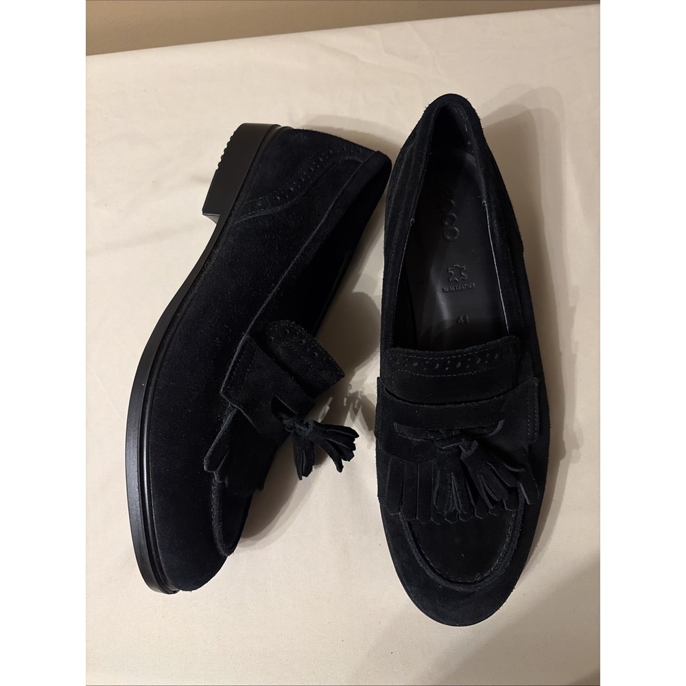ECCO Women's 41 US 10 Black Suede Classic Loafers Tassel Kiltie Brogue Detail